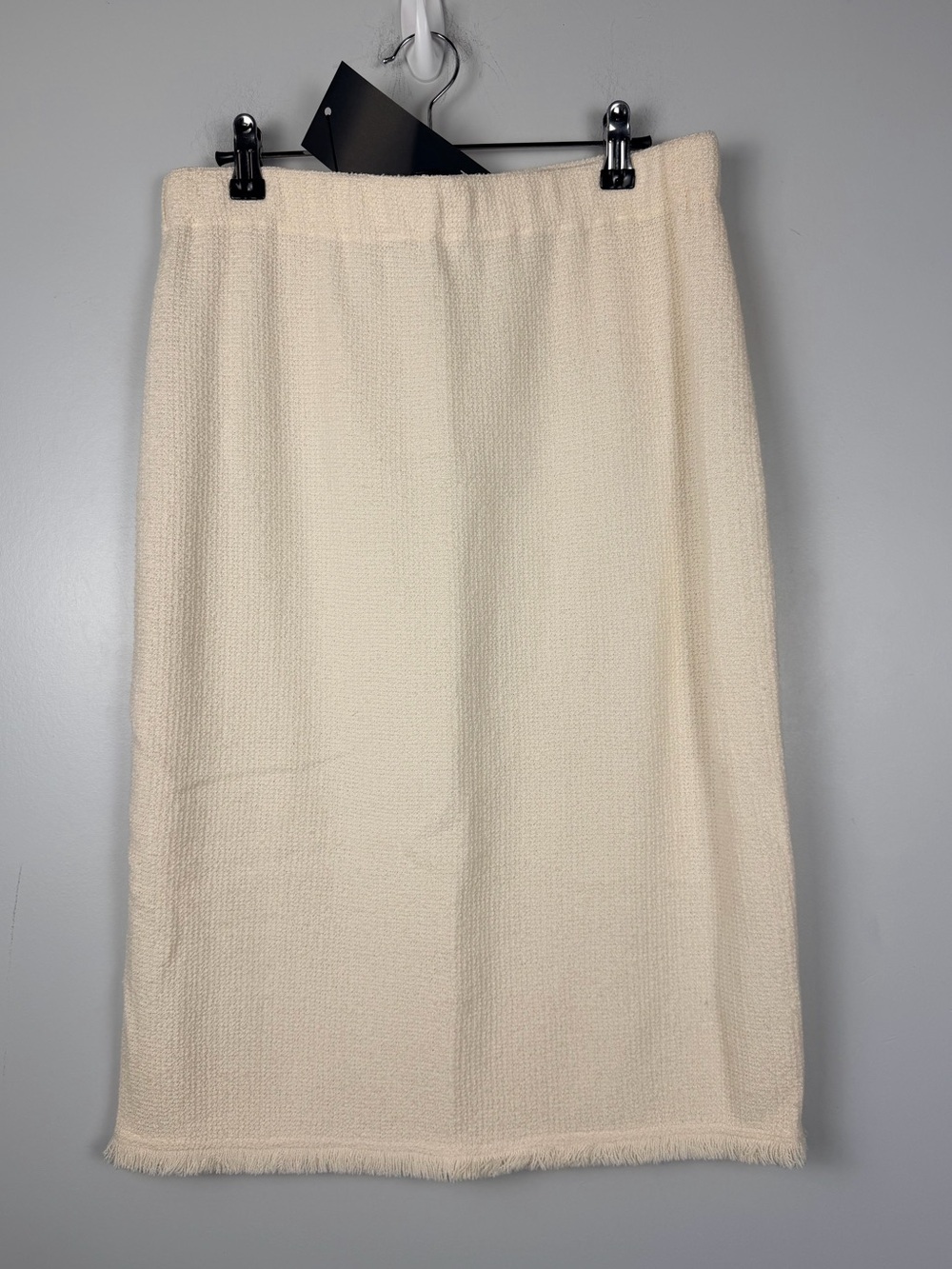 New St. John bright white cream wool blend Santana knit fringe skirt size 10